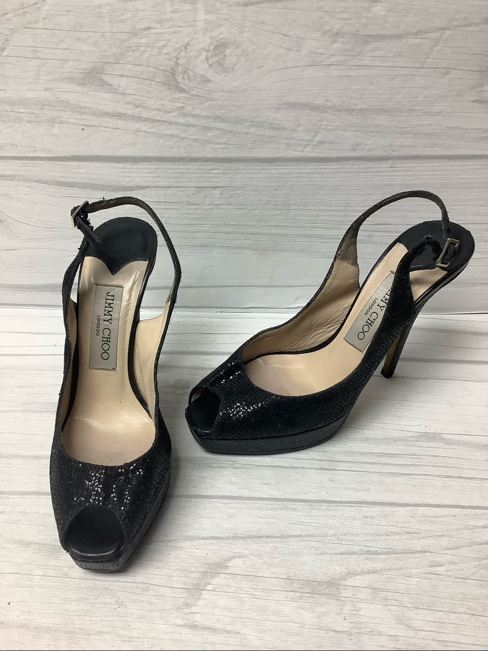 Jimmy Choo Black Glitter Peep-Toe Slingback Heels - Picture 10 of 10